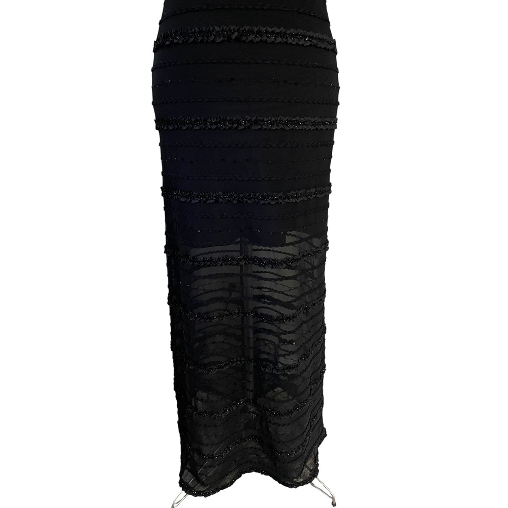 Tadashi Black Beaded Ruffle Tiered Sheer Mesh Bands Maxi Formal Dress Y2K Prom S - Picture 3 of 15